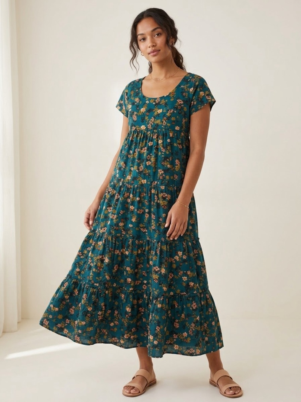 Natural Life Berkley Corduroy Tiered Maxi Dress Teal Ditsy Floral Boho Praire S